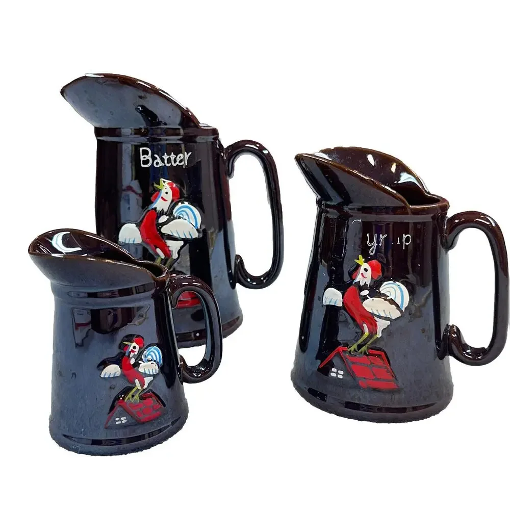 Vintage Redware Rooster Pancakes Pitcher Batter Syrup Pottery JAPAN - Set of 3
